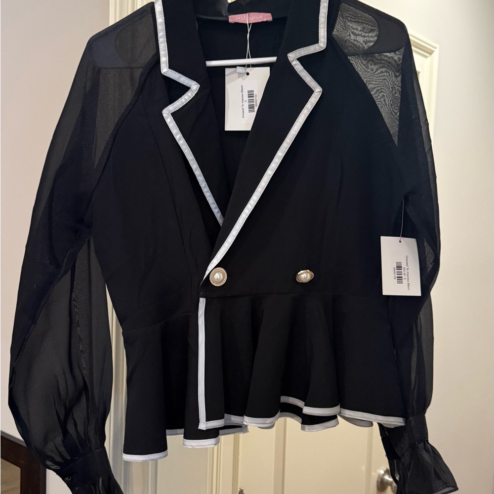 Black Sheer Peplum Blouse with White Satun Trim and organza sleeves NEW! Sz M